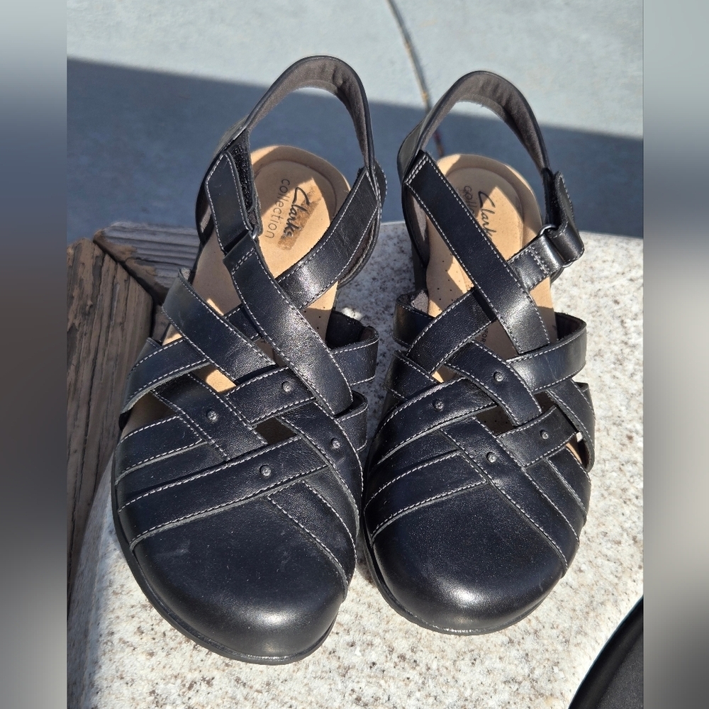 Clarks Collection Sz 9.5 Leather Fisherman Sandals Elizabelle Sea Black - Picture 11 of 15